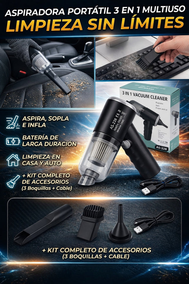 🚗 Aspiradora Portátil 3 en 1 – Aspira, Sopla e Infla con Potencia